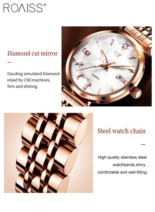 Women's Steel Strap Quartz Watch Analog Display Round White Dial with Diamond Cut Mirror Waterproof Luminous Wristwatch as Gift for Ladies