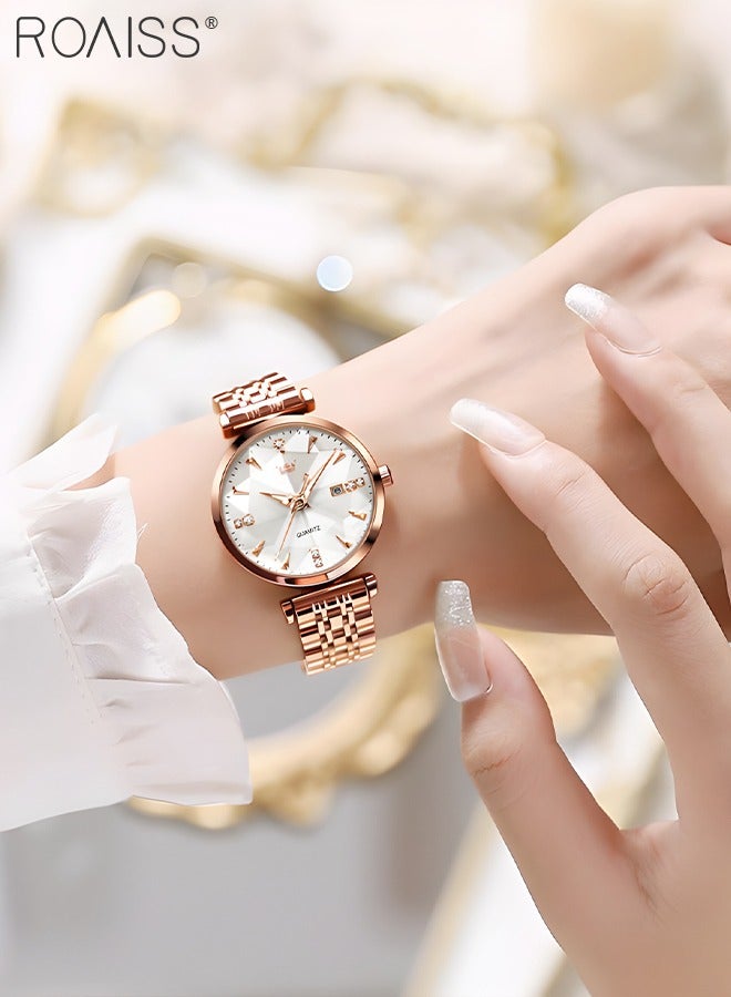 Women's Steel Strap Quartz Watch Analog Display Round White Dial with Diamond Cut Mirror Waterproof Luminous Wristwatch as Gift for Ladies