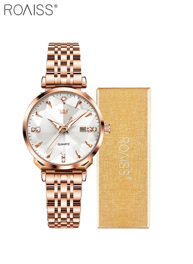 Women's Steel Strap Quartz Watch Analog Display Round White Dial with Diamond Cut Mirror Waterproof Luminous Wristwatch as Gift for Ladies