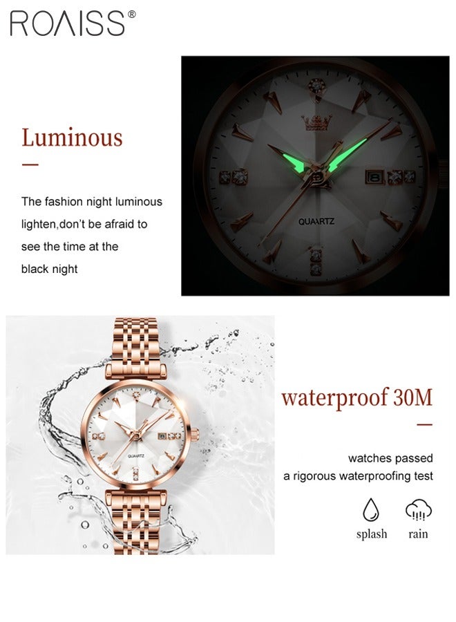 Women's Steel Strap Quartz Watch Analog Display Round White Dial with Diamond Cut Mirror Waterproof Luminous Wristwatch as Gift for Ladies