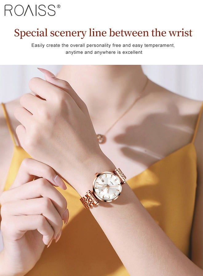 Women's Steel Strap Quartz Watch Analog Display Round White Dial with Diamond Cut Mirror Waterproof Luminous Wristwatch as Gift for Ladies