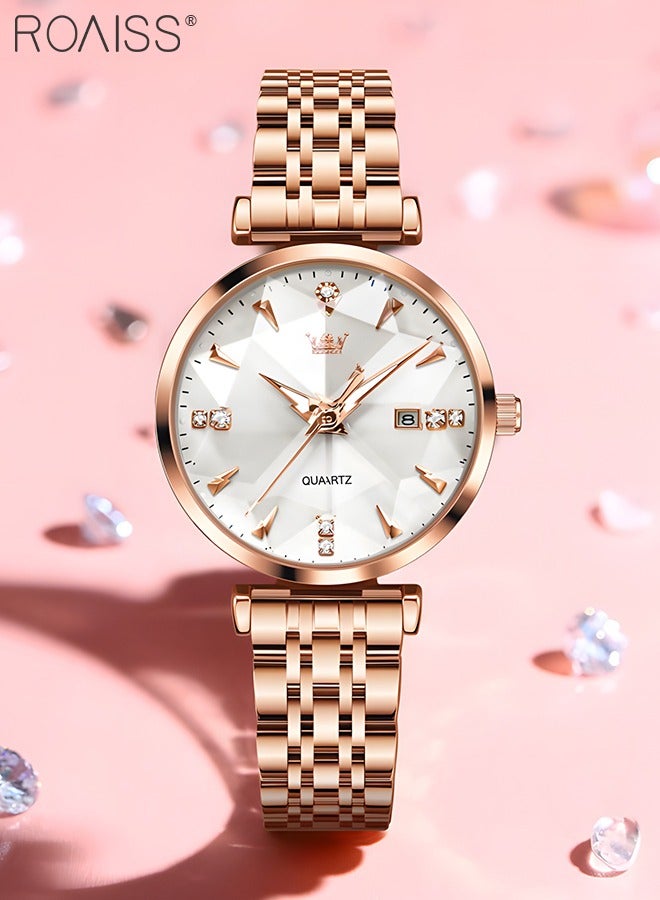 Women's Steel Strap Quartz Watch Analog Display Round White Dial with Diamond Cut Mirror Waterproof Luminous Wristwatch as Gift for Ladies