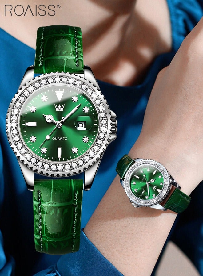 Women's Leather Strap Quartz Watch Analog Display Round Green Dial with Zirconium Diamond Decoration Waterproof Luxurious Wristwatch as Gift for Ladies