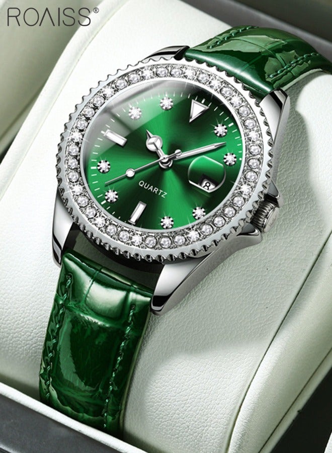 Women's Leather Strap Quartz Watch Analog Display Round Green Dial with Zirconium Diamond Decoration Waterproof Luxurious Wristwatch as Gift for Ladies