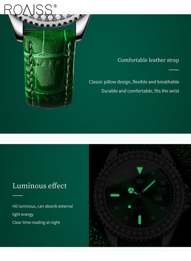 Women's Leather Strap Quartz Watch Analog Display Round Green Dial with Zirconium Diamond Decoration Waterproof Luxurious Wristwatch as Gift for Ladies