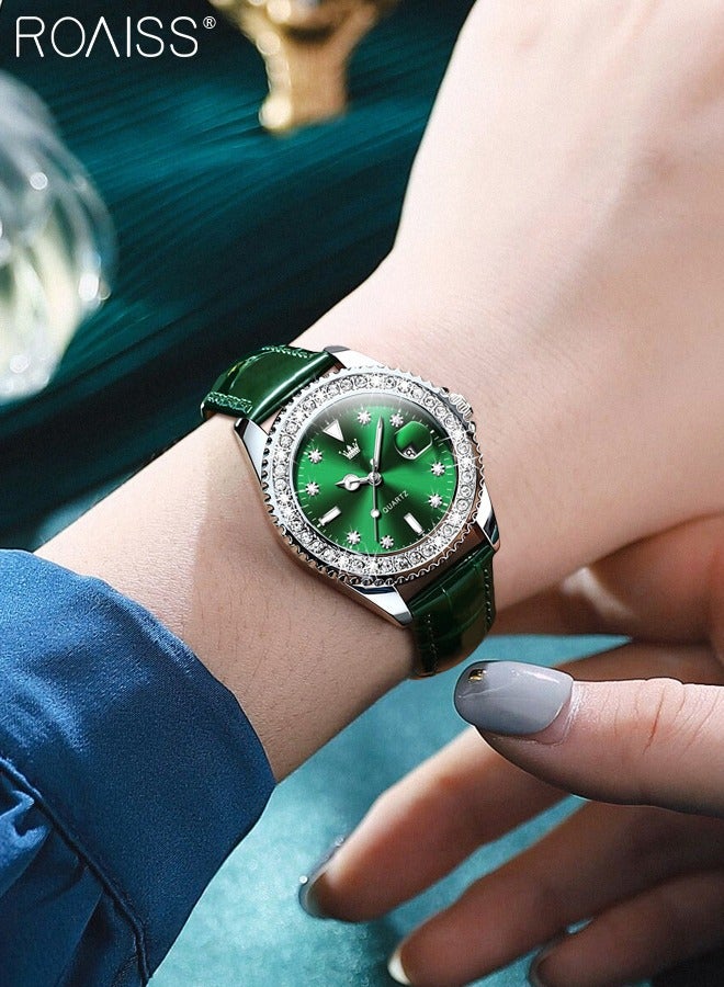 Women's Leather Strap Quartz Watch Analog Display Round Green Dial with Zirconium Diamond Decoration Waterproof Luxurious Wristwatch as Gift for Ladies