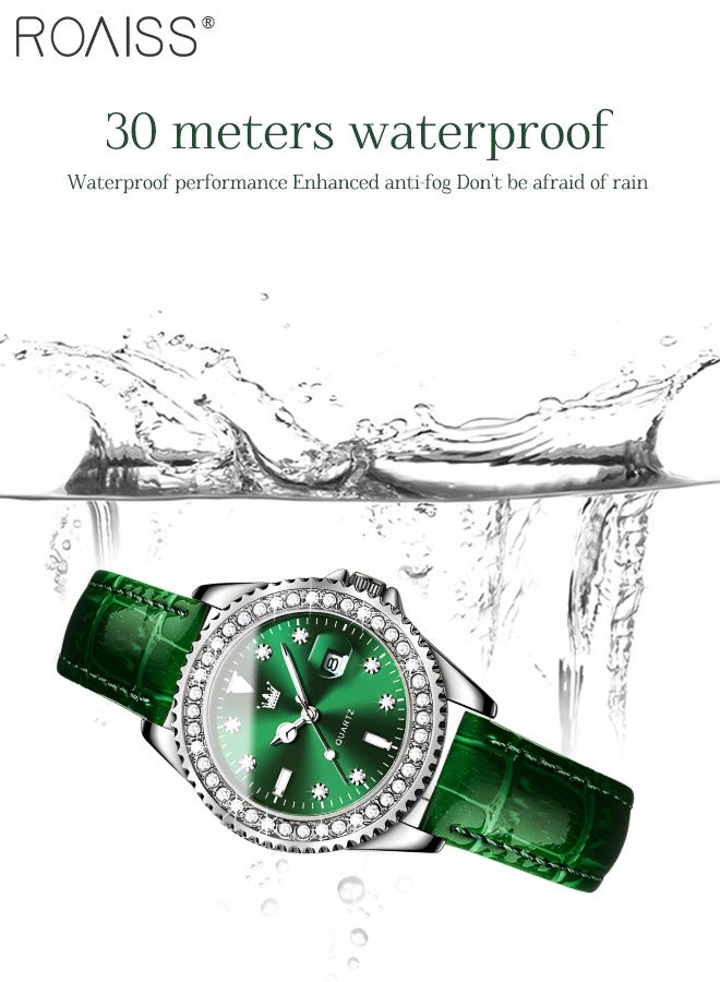 Women's Leather Strap Quartz Watch Analog Display Round Green Dial with Zirconium Diamond Decoration Waterproof Luxurious Wristwatch as Gift for Ladies