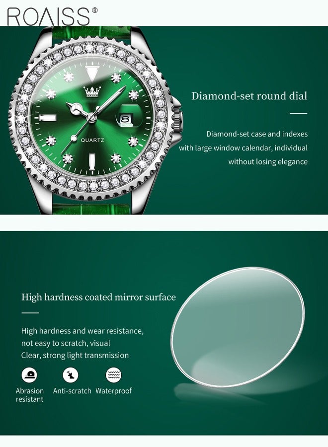 Women's Leather Strap Quartz Watch Analog Display Round Green Dial with Zirconium Diamond Decoration Waterproof Luxurious Wristwatch as Gift for Ladies