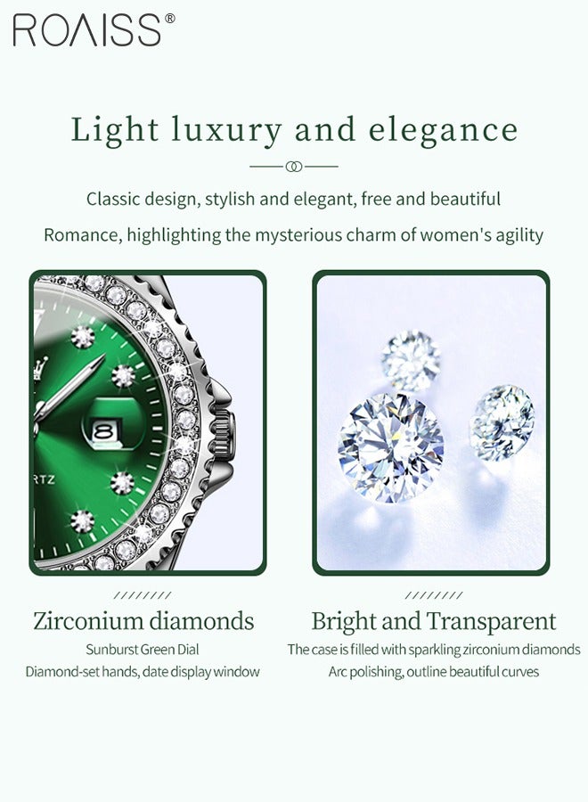 Women's Leather Strap Quartz Watch Analog Display Round Green Dial with Zirconium Diamond Decoration Waterproof Luxurious Wristwatch as Gift for Ladies