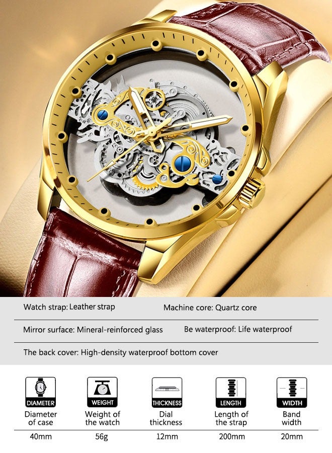 Men's Leather Strap Quartz Watch Analog Display Round Transparent Hollow Dial Imitating Mechanical Watch Design Waterproof Luminous Wristwatch as Gift for Men