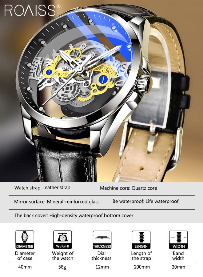 Men's Leather Strap Quartz Watch Analog Display Round Transparent Hollow Dial Imitating Mechanical Watch Design Waterproof Luminous Wristwatch as Gift for Men