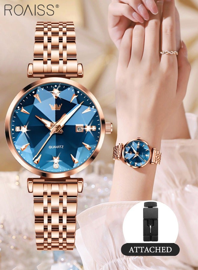 Women's Steel Strap Quartz Watch Analog Display Round Blue Dial with Diamond Cut Mirror Waterproof Luminous Wristwatch as Gift for Ladies