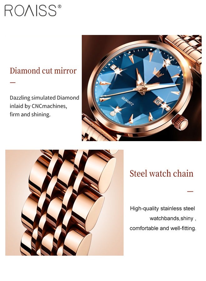 Women's Steel Strap Quartz Watch Analog Display Round Blue Dial with Diamond Cut Mirror Waterproof Luminous Wristwatch as Gift for Ladies