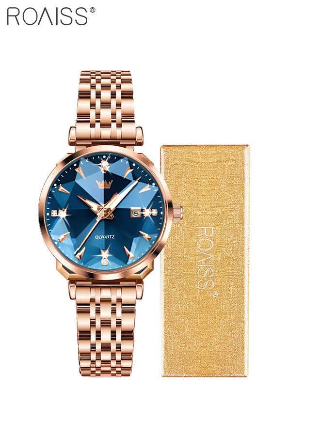 Women's Steel Strap Quartz Watch Analog Display Round Blue Dial with Diamond Cut Mirror Waterproof Luminous Wristwatch as Gift for Ladies