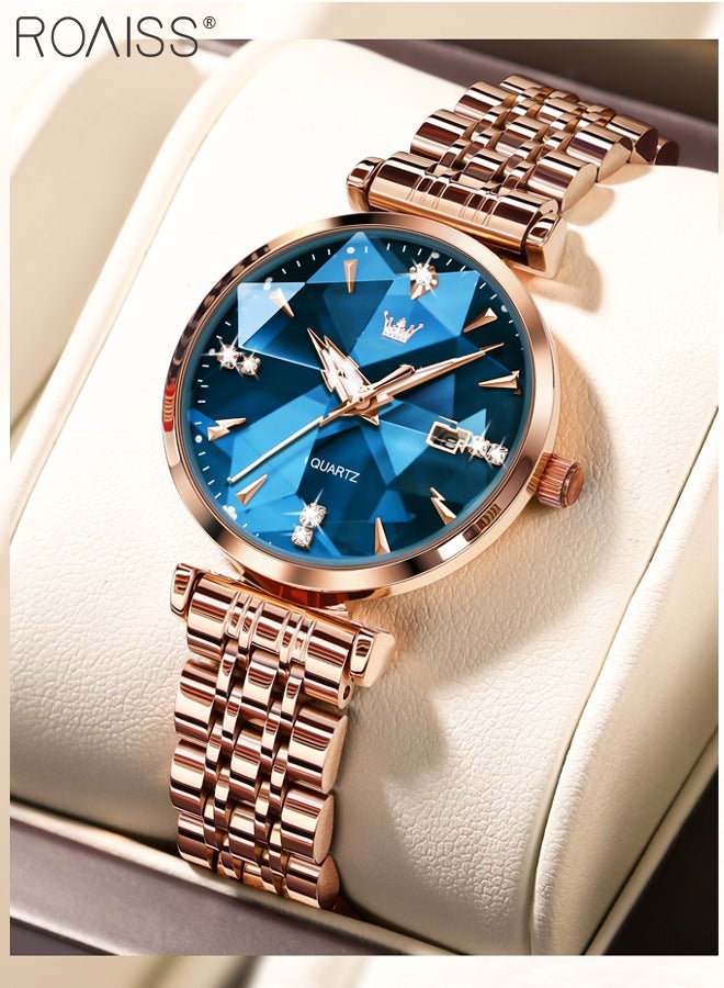 Women's Steel Strap Quartz Watch Analog Display Round Blue Dial with Diamond Cut Mirror Waterproof Luminous Wristwatch as Gift for Ladies