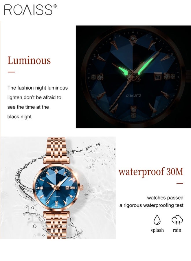 Women's Steel Strap Quartz Watch Analog Display Round Blue Dial with Diamond Cut Mirror Waterproof Luminous Wristwatch as Gift for Ladies