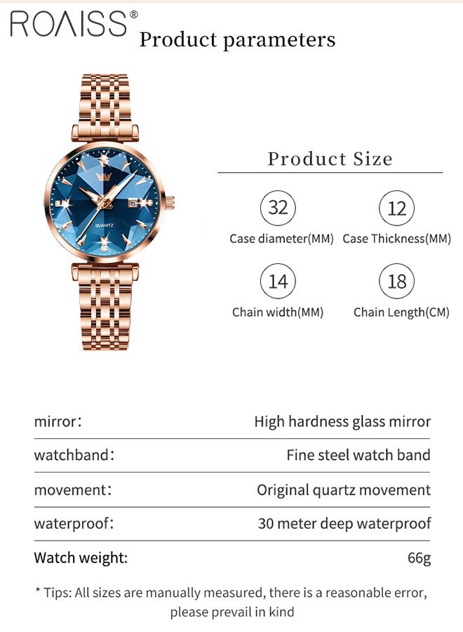 Women's Steel Strap Quartz Watch Analog Display Round Blue Dial with Diamond Cut Mirror Waterproof Luminous Wristwatch as Gift for Ladies
