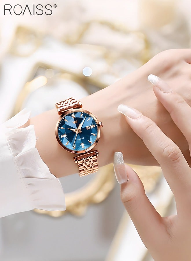 Women's Steel Strap Quartz Watch Analog Display Round Blue Dial with Diamond Cut Mirror Waterproof Luminous Wristwatch as Gift for Ladies