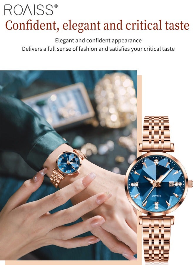 Women's Steel Strap Quartz Watch Analog Display Round Blue Dial with Diamond Cut Mirror Waterproof Luminous Wristwatch as Gift for Ladies