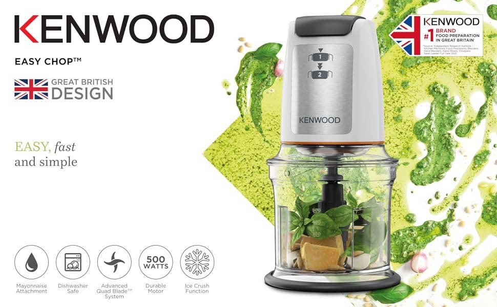Chopper, 2 Speeds, Stainless Steel Quad Blade, Ice Crush Function, Mayonnaise Attachment, 0.5 L 500 W CHP61.100WH White/Silver