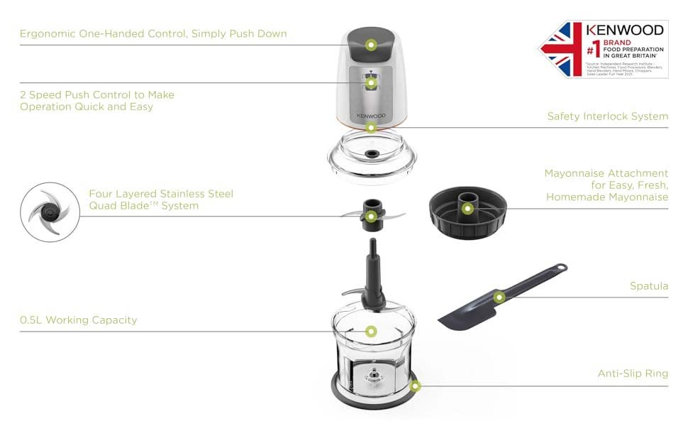 Chopper, 2 Speeds, Stainless Steel Quad Blade, Ice Crush Function, Mayonnaise Attachment, 0.5 L 500 W CHP61.100WH White/Silver