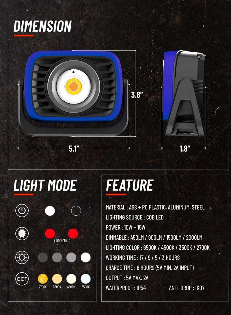 Magnetic LED Work Light 2000Lm Rechargeable LED Work Light with 8000mAh Power Bank IP54 Portable Rechargeable LED Flood Light with Magnets 3 Lighting Colors and Dimmable Brightness