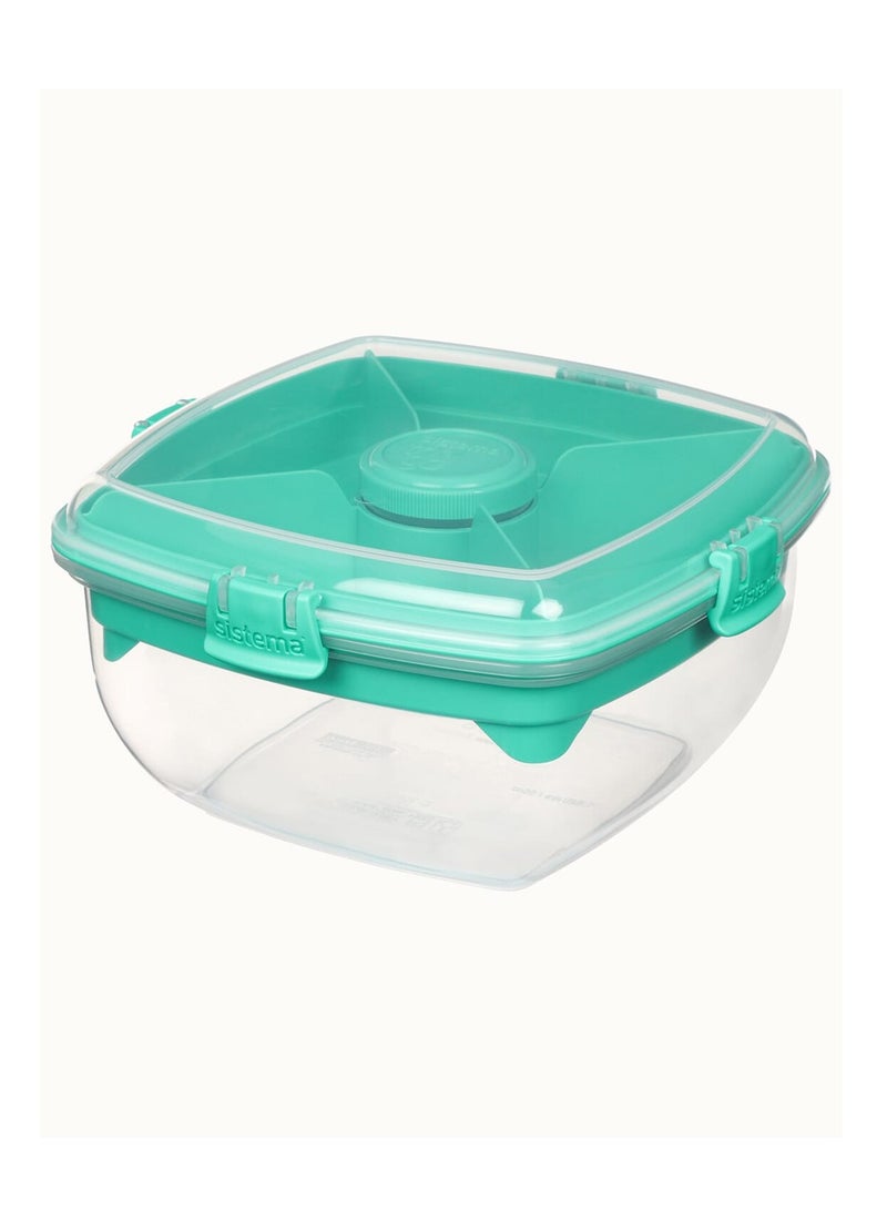 Sistema Salad Max To Go 1.63L ,Stackable & portable salad storage box, cutlery included & divided trays with easy locking clips. Its Microwave, Dishwasher Safe & BPA Free. Green Clip