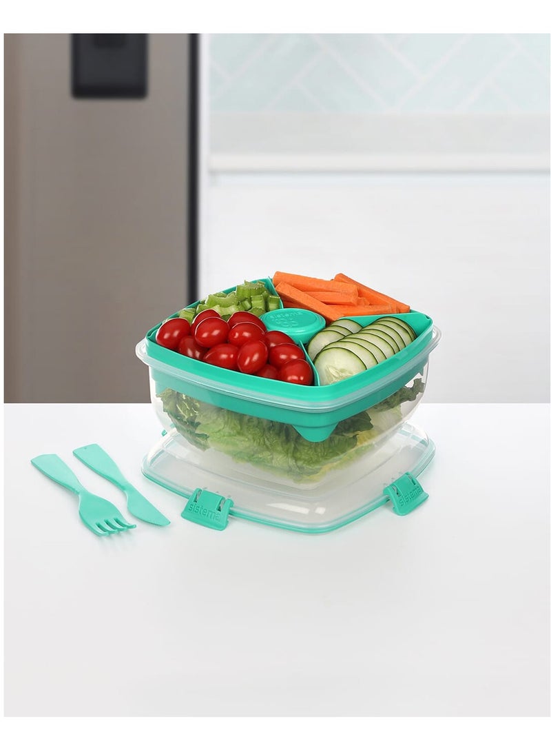 Sistema Salad Max To Go 1.63L ,Stackable & portable salad storage box, cutlery included & divided trays with easy locking clips. Its Microwave, Dishwasher Safe & BPA Free. Green Clip