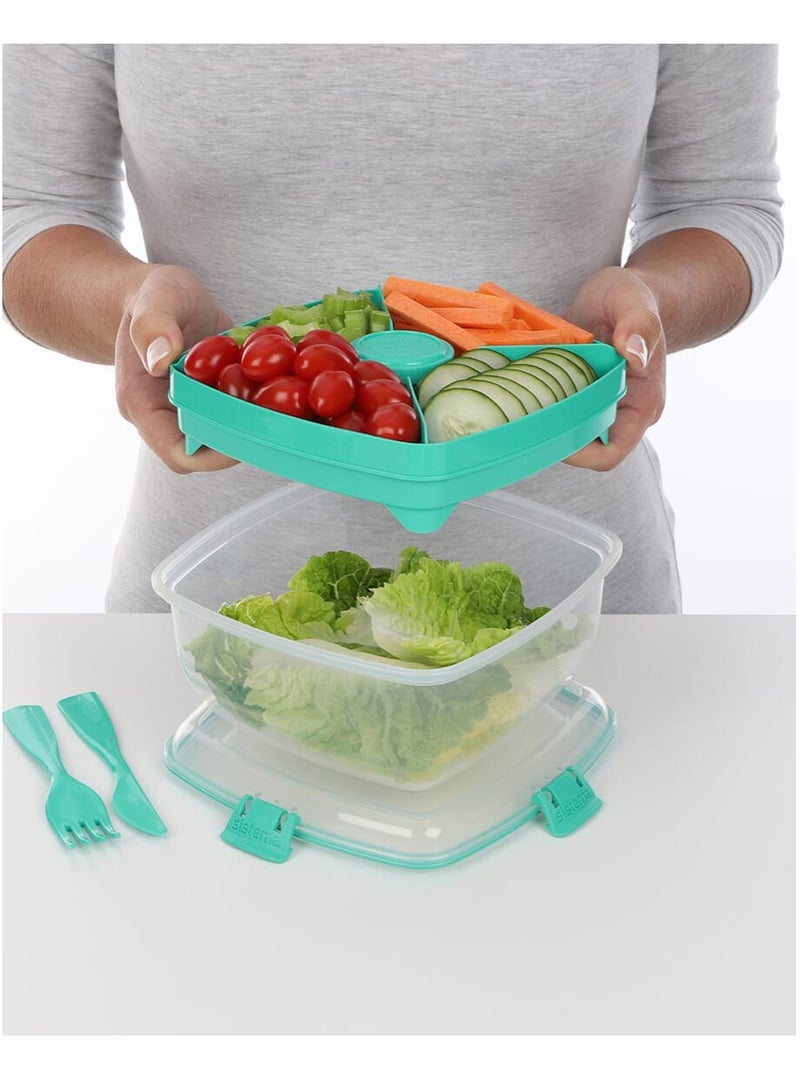Sistema Salad Max To Go 1.63L ,Stackable & portable salad storage box, cutlery included & divided trays with easy locking clips. Its Microwave, Dishwasher Safe & BPA Free. Green Clip