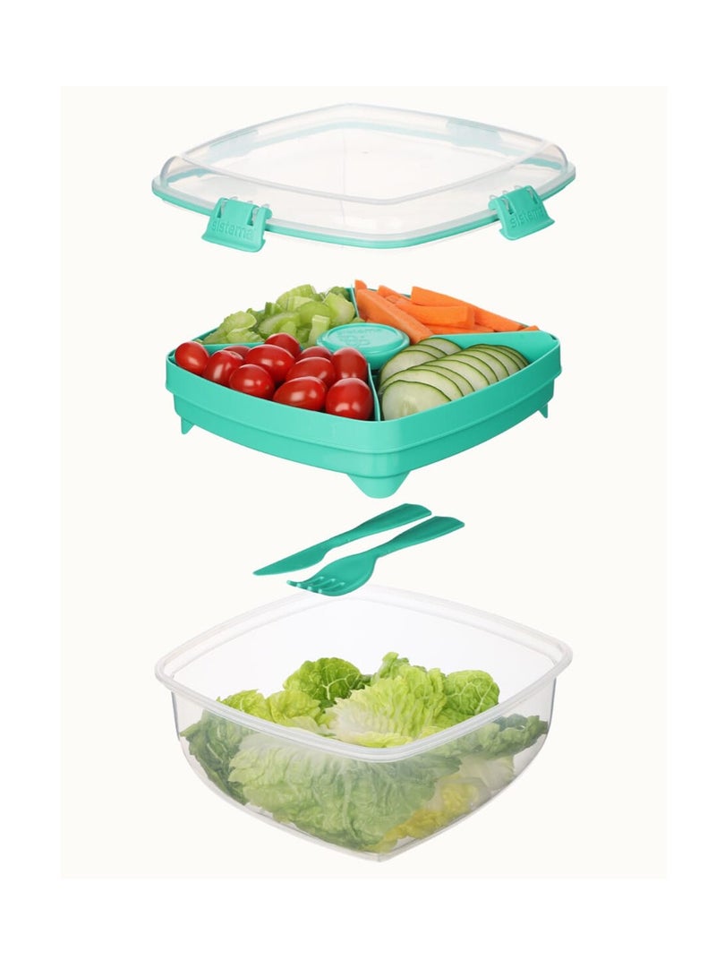 Sistema Salad Max To Go 1.63L ,Stackable & portable salad storage box, cutlery included & divided trays with easy locking clips. Its Microwave, Dishwasher Safe & BPA Free. Green Clip
