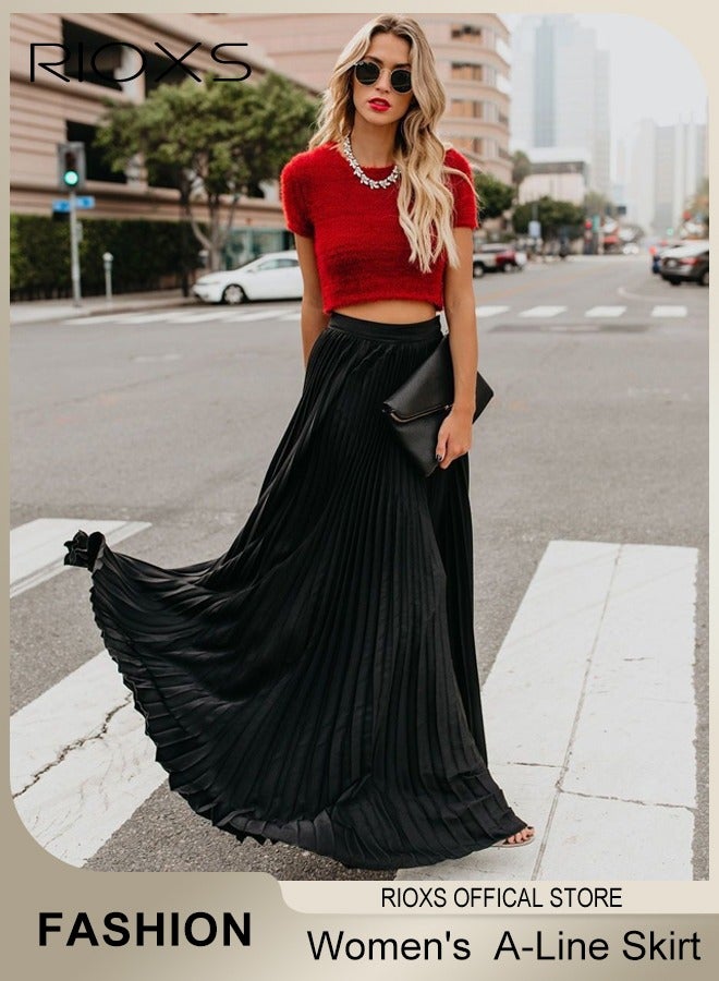 Women's Casual High Waist A-Line Skirt Pleated Swing Maxi Skirt For Beach