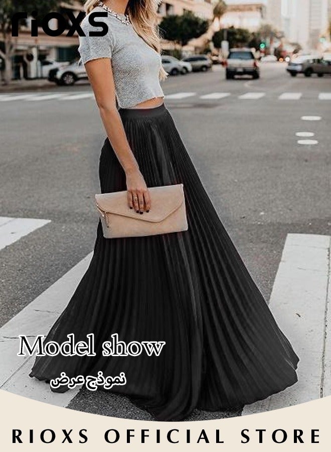 Women's Casual High Waist A-Line Skirt Pleated Swing Maxi Skirt For Beach