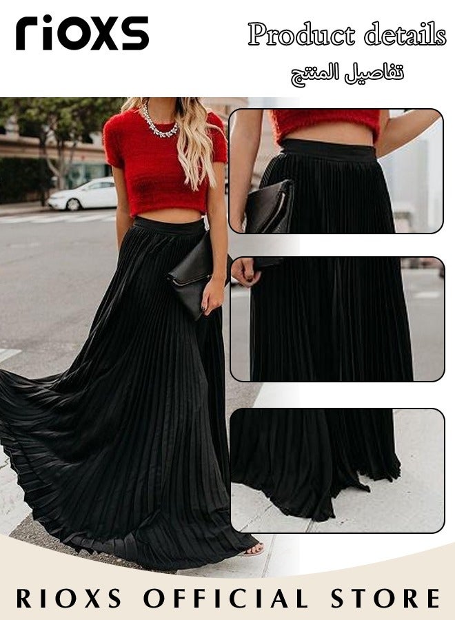 Women's Casual High Waist A-Line Skirt Pleated Swing Maxi Skirt For Beach