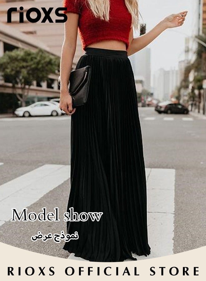 Women's Casual High Waist A-Line Skirt Pleated Swing Maxi Skirt For Beach