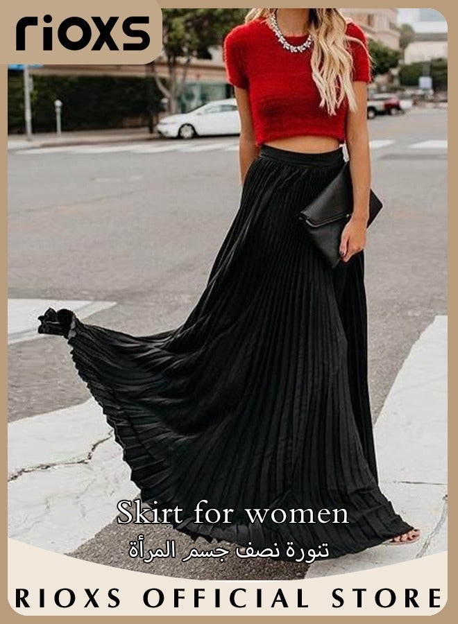 Women's Casual High Waist A-Line Skirt Pleated Swing Maxi Skirt For Beach