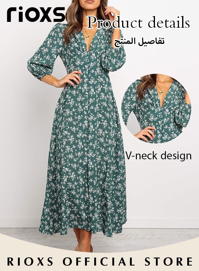 Women's V Neck Lantern Sleeve Chiffon Floral Long Dress Floral Printed A-Line Casual Button High Waist Summer Beach Dress