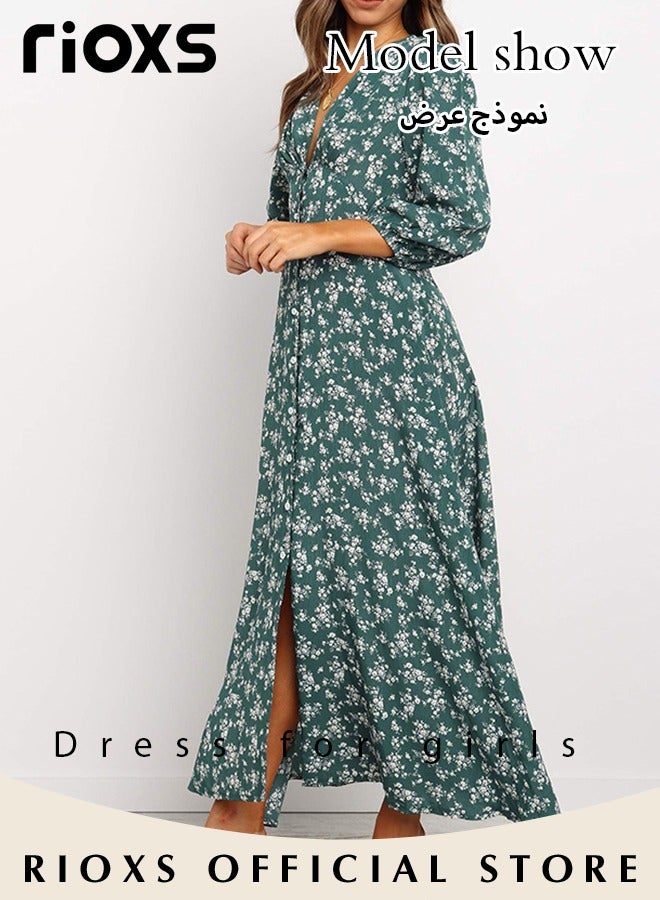 Women's V Neck Lantern Sleeve Chiffon Floral Long Dress Floral Printed A-Line Casual Button High Waist Summer Beach Dress