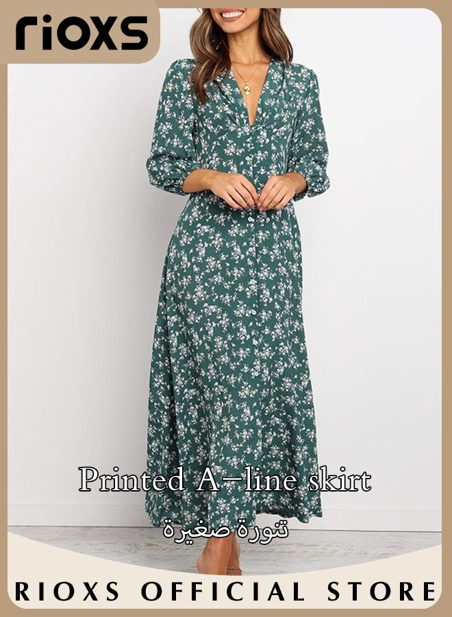 Women's V Neck Lantern Sleeve Chiffon Floral Long Dress Floral Printed A-Line Casual Button High Waist Summer Beach Dress