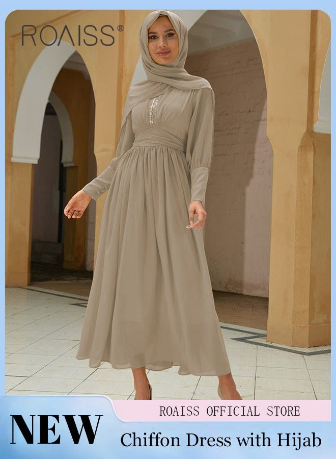 Ladies Dress Solid Color Chiffon Waist Puff Sleeve Long Sleeve Crew Neck High-Rise Abaya Maxi Dress for Ladies Ramadan Eid al-Adha