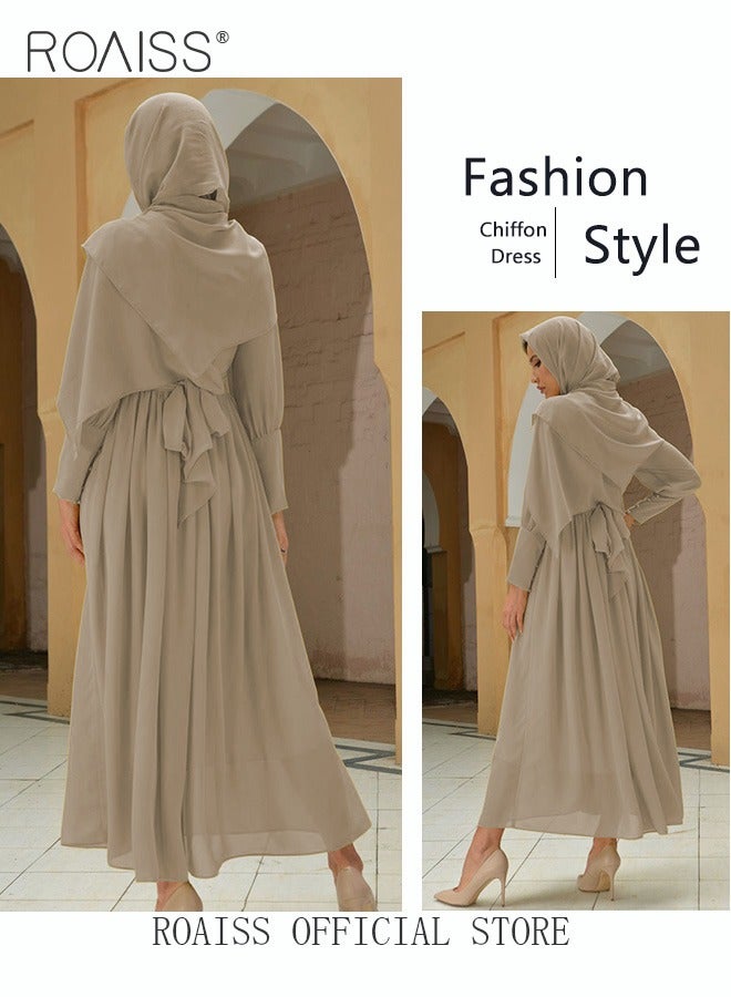 Ladies Dress Solid Color Chiffon Waist Puff Sleeve Long Sleeve Crew Neck High-Rise Abaya  Maxi Dress for Ladies Ramadan Eid al-Adha