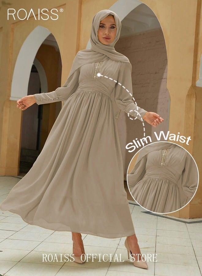 Ladies Dress Solid Color Chiffon Waist Puff Sleeve Long Sleeve Crew Neck High-Rise Abaya Maxi Dress for Ladies Ramadan Eid al-Adha