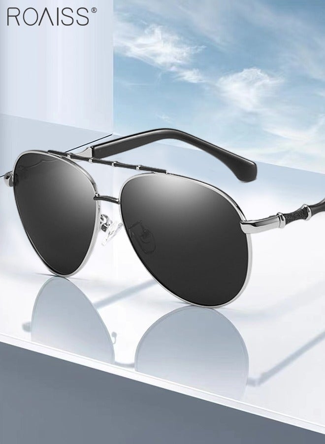 Men's Aviator Polarized Sunglasses, UV400 Protection Sun Glasses with Bamboo Pattern Decoration, Fashion Anti-Glare Sun Shades for Men Driving, Fishing, Traveling, 55mm