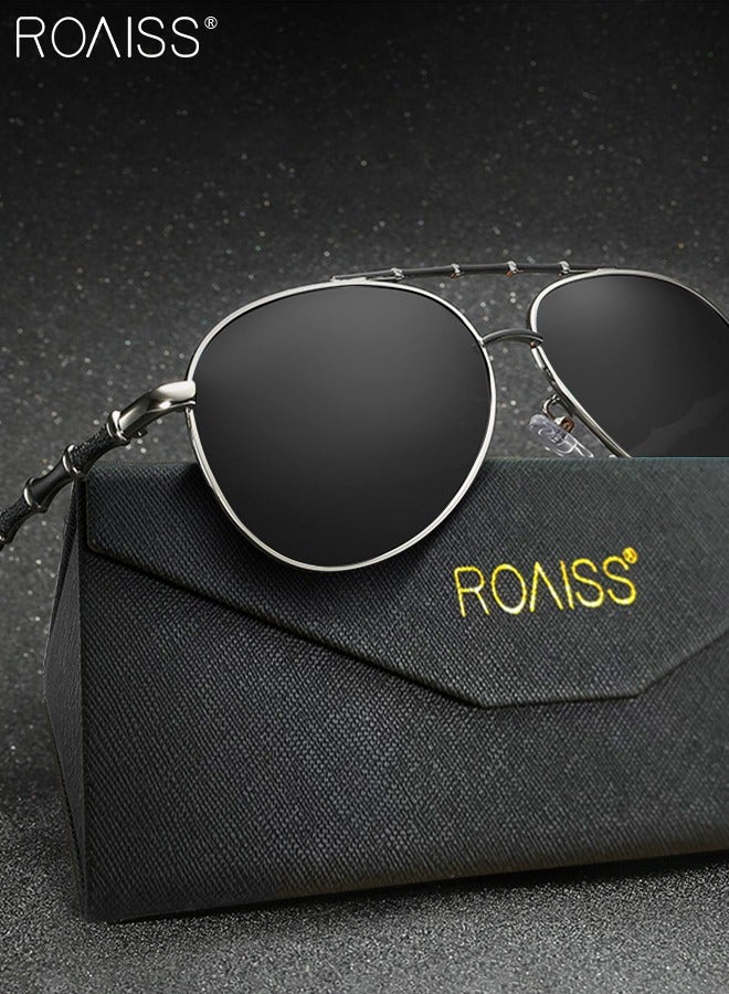 Men's Aviator Polarized Sunglasses, UV400 Protection Sun Glasses with Bamboo Pattern Decoration, Fashion Anti-Glare Sun Shades for Men Driving, Fishing, Traveling, 55mm