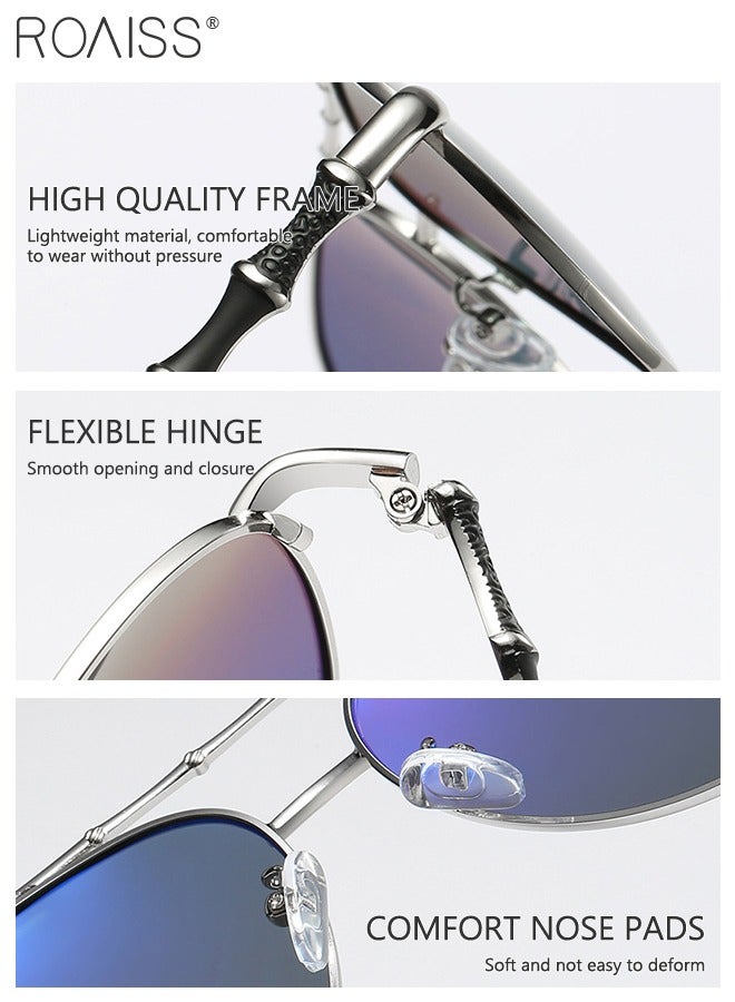 Men's Aviator Polarized Sunglasses, UV400 Protection Sun Glasses with Bamboo Pattern Decoration, Fashion Anti-Glare Sun Shades for Men Driving, Fishing, Traveling, 55mm