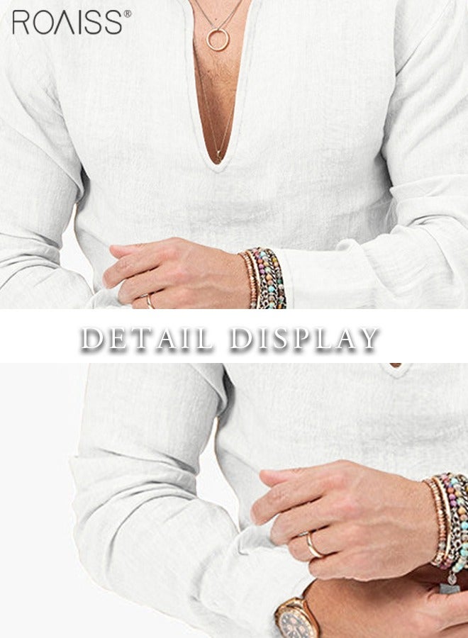 Men's Cotton Linen Henley Shirt Long Sleeve Casual Beach Top