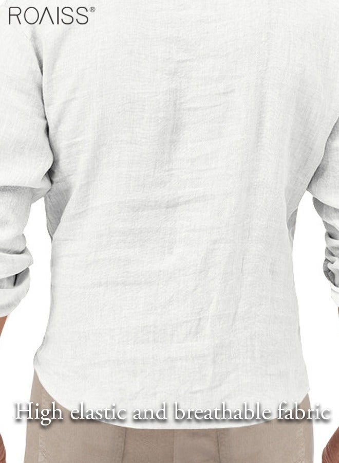 Men's Cotton Linen Henley Shirt Long Sleeve Casual Beach Top