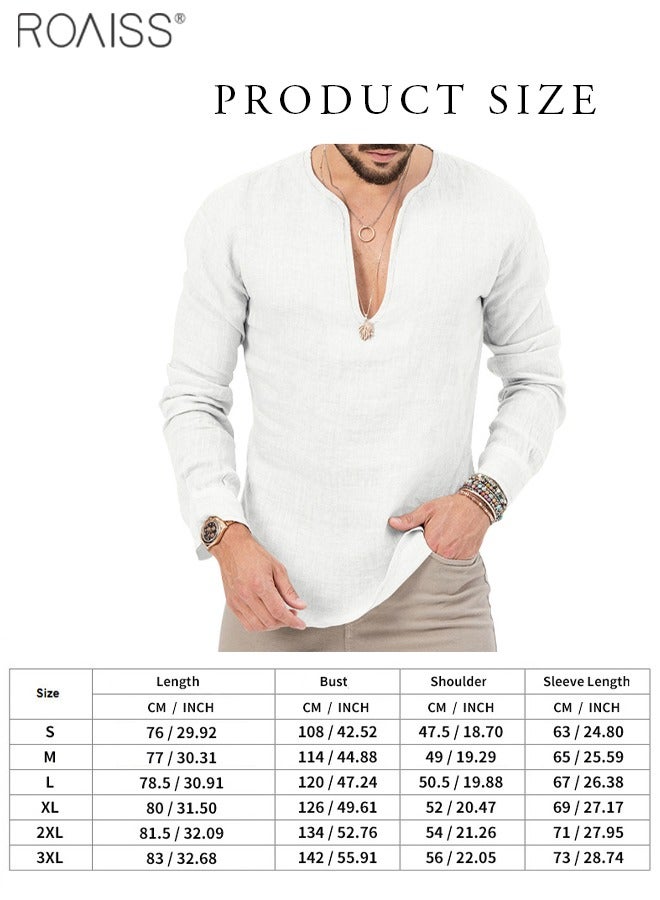 Men's Cotton Linen Henley Shirt Long Sleeve Casual Beach Top