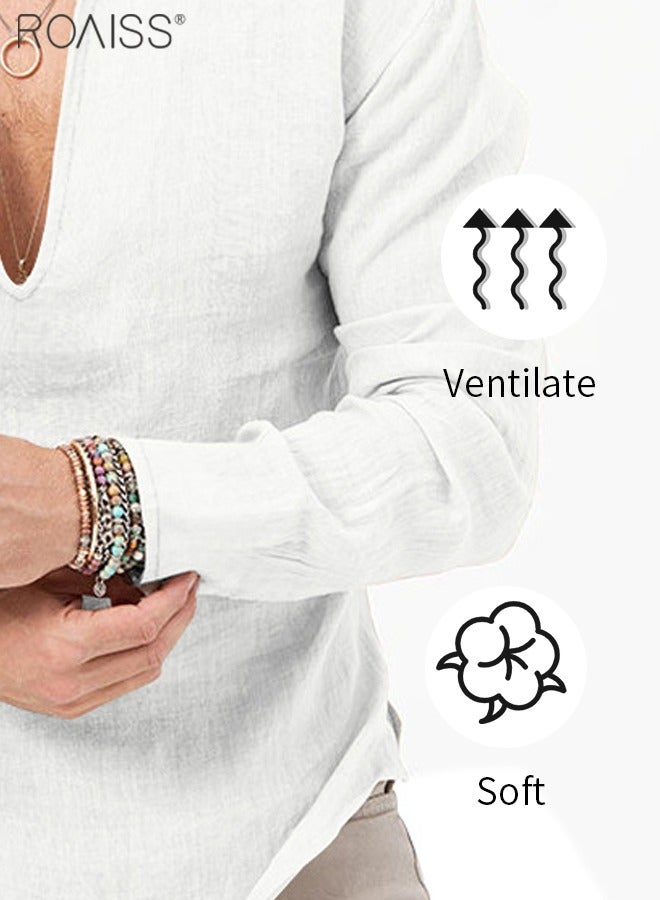 Men's Cotton Linen Henley Shirt Long Sleeve Casual Beach Top