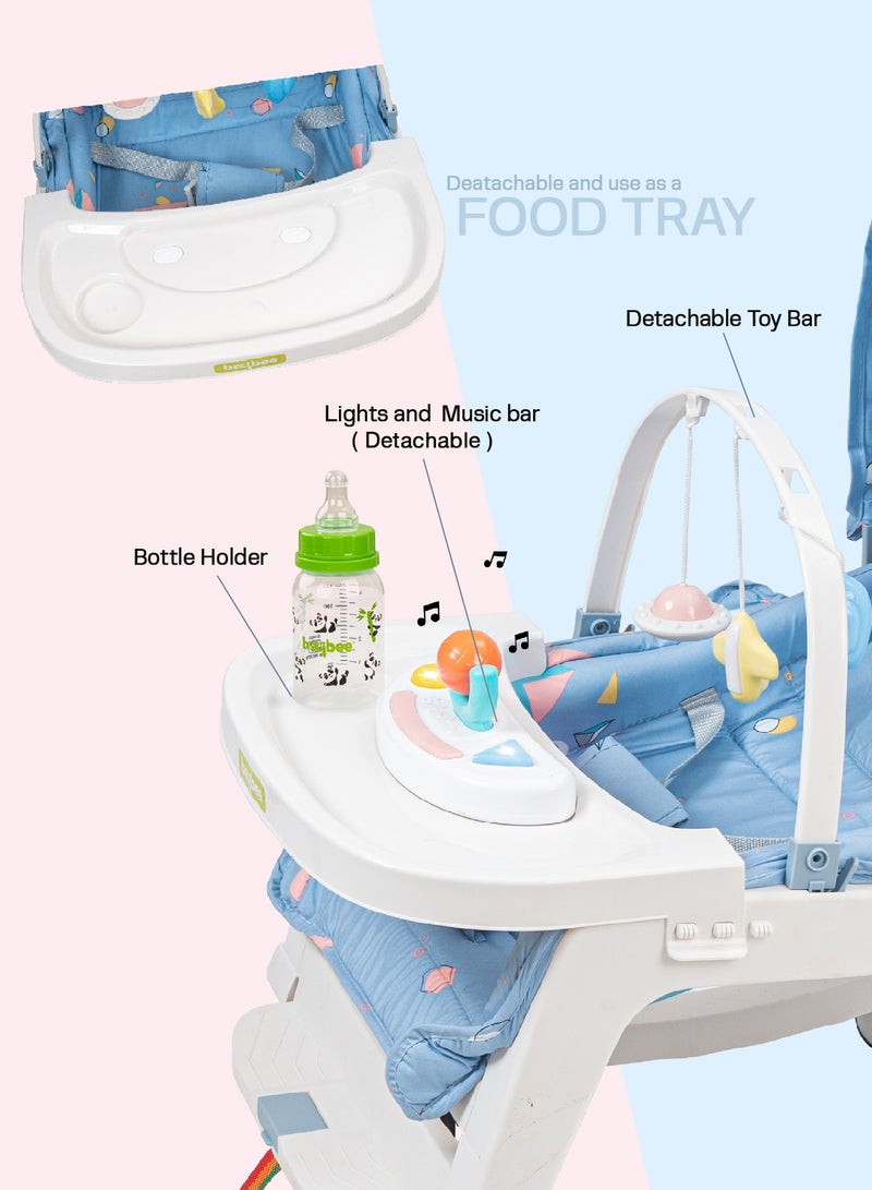 Baybee 5 in 1 Baby Rocking Chair for Kids with Hanging Toys  Baby Dining Booster Seat with Multi Position Recline, Music, Wheels & Food Tray Rocker Chair for Babies 0 to 2 Years Boys Girls (Blue)