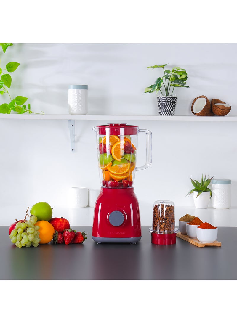 2-In-1 Blender 1.8L | 650W Powerful Motor With 2 Speed Setting And Pulse| Transparent And Unbreakable Jars With Stainless Steel Blade, Grinder Attachment 1.8 L 650 W OMSB2362N Red
